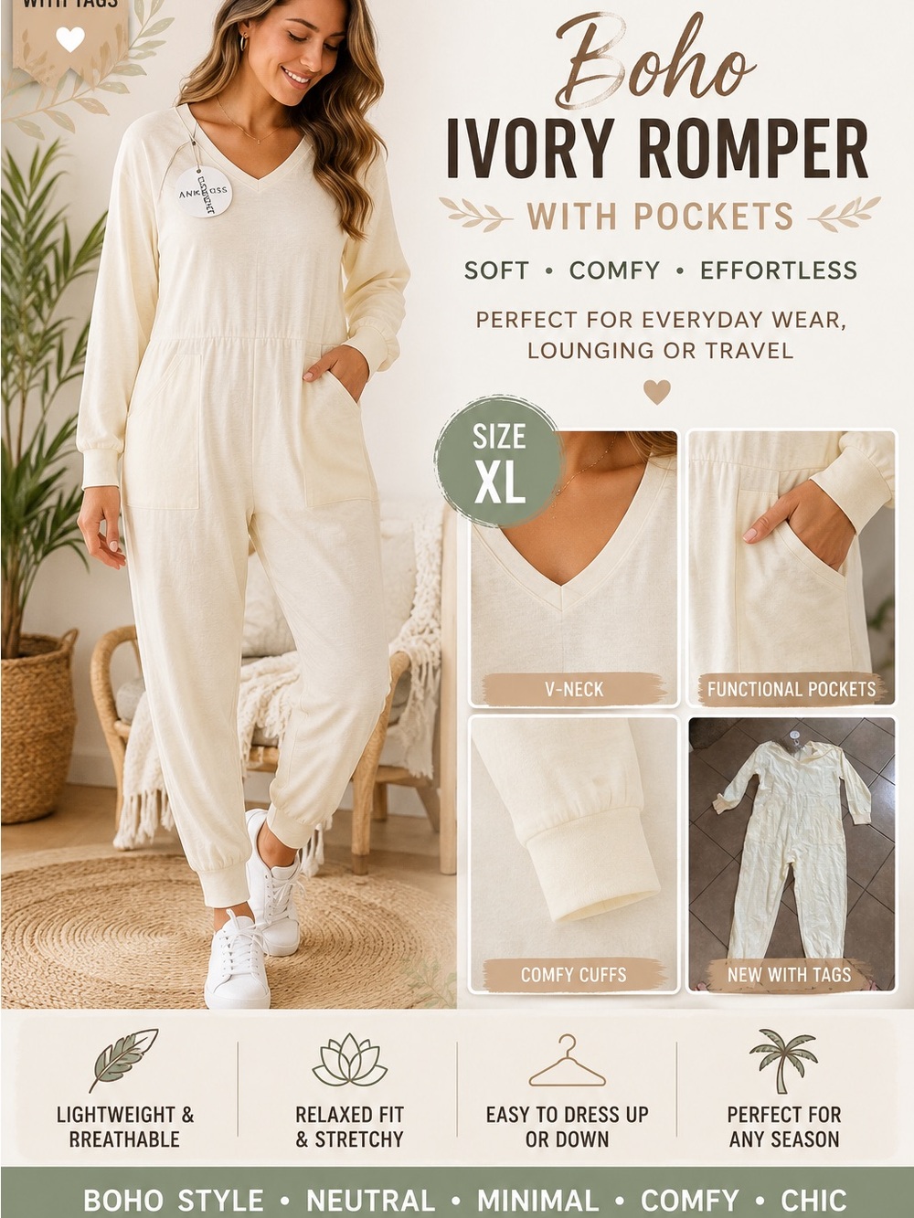 🤍 NEW WITH TAGS ANRABESS Ivory Boho Romper - Size XL 🤍